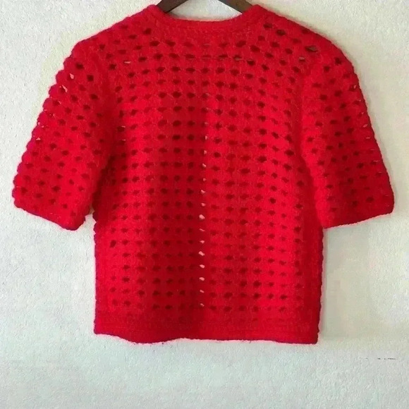 VTG Handmade Women’s M/L Cherry Red Hand Knit Crocheted Cardigan Bow Grannycore - Picture 2 of 9